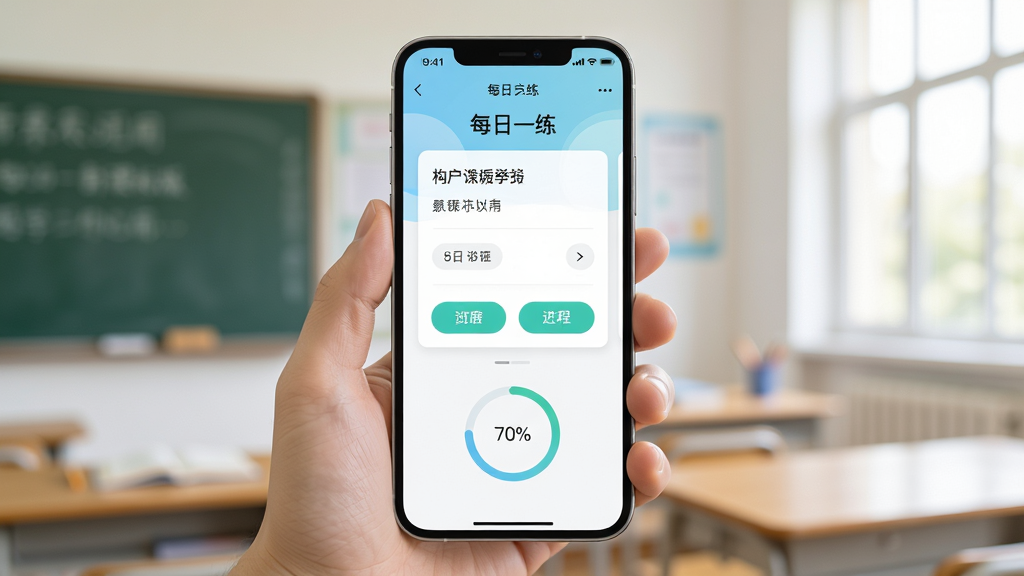 考试通题库-新课标版初中数学移动端刷题场景展示,主体为手持手机显示每日一练界面,布局为竖屏手机居中,排版简洁,风格为清新学习风,细节包含时间显示、题目卡片、选项按钮、进度圆环,画质高清,画面干净,无多余元素
