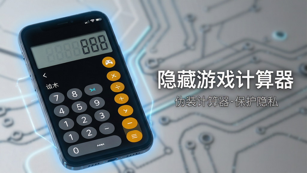 一部智能手机屏幕特写,屏幕上显示着一个普通的计算器应用界面,但界面边缘有微弱的蓝色光晕暗示隐藏功能。图片右侧用白色文字标注“隐藏游戏计算器”,下方用灰色小字写着“伪装计算器保护隐私”。风格科技感十足,画质高清,布局简洁。