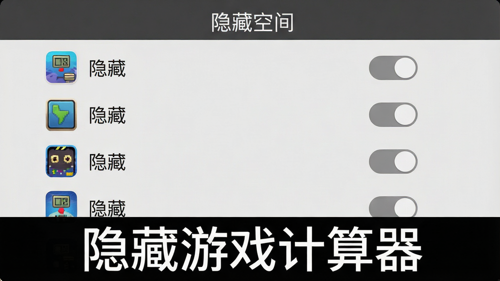 一张展示隐藏游戏计算器隐藏空间界面的图片,画面中是一个应用列表,每个应用图标旁有“隐藏”开关,界面顶部有“隐藏空间”字样,背景为浅灰色。图片底部用白色文字标注“隐藏游戏计算器”,整体风格清晰直观,画质干净。