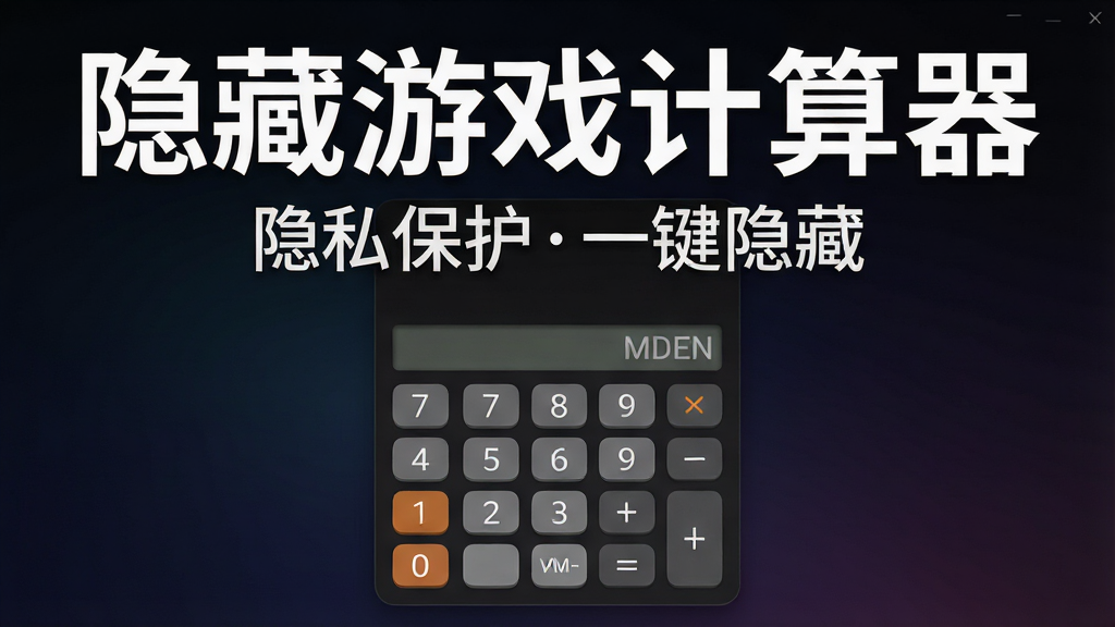一张展示隐藏游戏计算器软件主界面的图片,画面中央是一个标准的计算器界面,数字按键清晰可见,背景为深色渐变,界面风格简洁现代。图片上方用白色粗体字写着“隐藏游戏计算器”,下方用较小字体标注“隐私保护一键隐藏”。整体布局居中,风格干净利落,画质清晰,无多余元素。