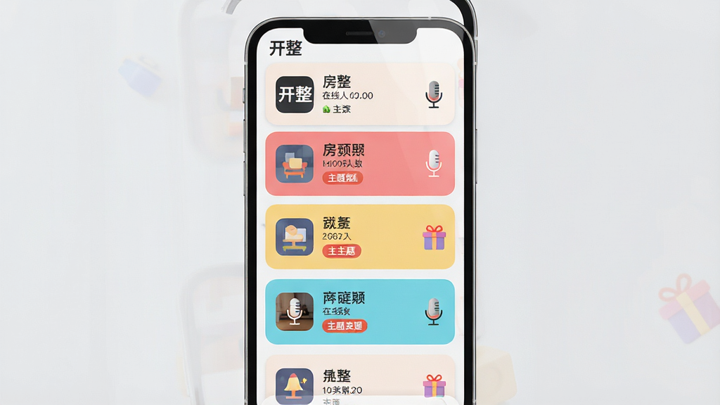 一张展示“开整”主题房间列表界面的手机截图风格图,主体为手机屏幕内多个彩色房间卡片纵向排列;布局为手机居中,背景为浅灰色;排版清晰,卡片包含房间名称、在线人数与主题标签;风格为清新浅色系UI;细节包括“开整”Logo、房间图标、麦克风与礼物符号;画质高清,画面干净,无多余元素。