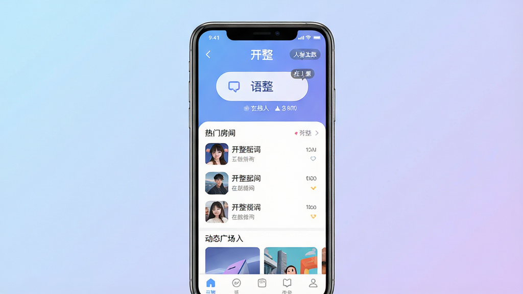 一张展示“开整”聊天社交应用主界面的手机预览图,主体为一部竖屏智能手机,屏幕内显示开整APP的首页界面,包含语音匹配按钮、热门房间列表与动态广场入口;布局为手机居中摆放,背景为柔和的浅蓝到浅紫渐变;排版简洁,突出手机屏幕内容;风格为现代扁平化UI设计,清爽干净;细节包括圆润的图标、清晰的文字标签“开整”、在线人数气泡;画质高清,画面干净,无多余元素。