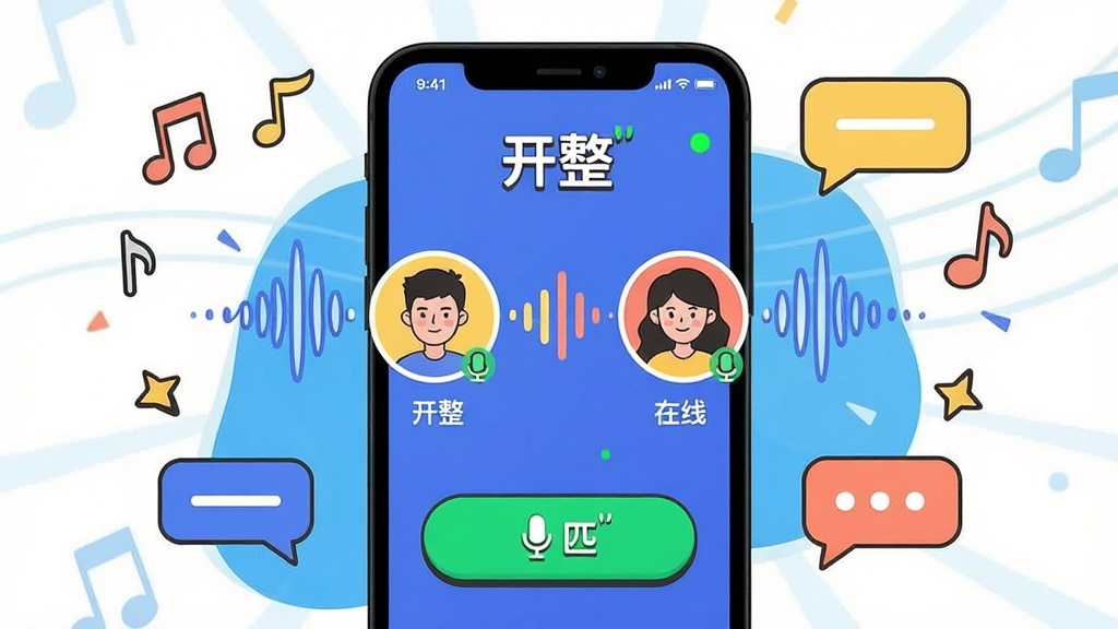 一张表现“开整”语音匹配功能的场景图,主体为手机屏幕显示匹配成功界面,两位用户头像通过声波线连接;布局为手机居中,周围环绕音符与对话气泡;排版突出匹配按钮与用户头像;风格为活泼明快的插画风;细节包括“开整”文字标识、麦克风图标、在线状态小绿点;画质高清,画面干净,无多余元素。