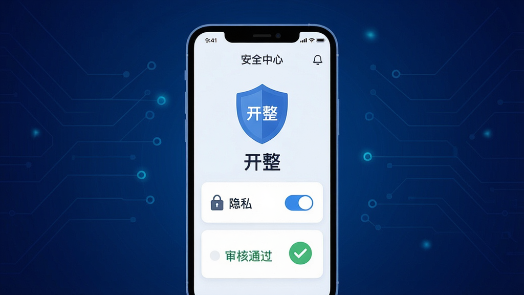 一张表现“开整”隐私安全功能的示意图,主体为手机屏幕显示安全中心界面,包含盾牌图标与隐私开关选项;布局为手机居中,背景为深蓝色科技感渐变;排版简洁,突出安全标识;风格为扁平化安全主题插画;细节包括“开整”文字、锁形图标、审核通过标记;画质高清,画面干净,无多余元素。