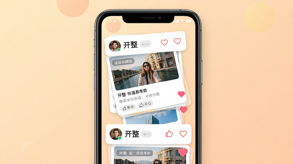 一张表现“开整”动态广场界面的手机预览图,主体为手机屏幕显示瀑布流动态卡片,包含用户头像、图片与文字内容;布局为手机居中,背景为柔和暖色;排版错落有致,突出点赞与评论图标;风格为现代社交应用UI;细节包括“开整”文字、话题标签、心形点赞按钮;画质高清,画面干净,无多余元素。