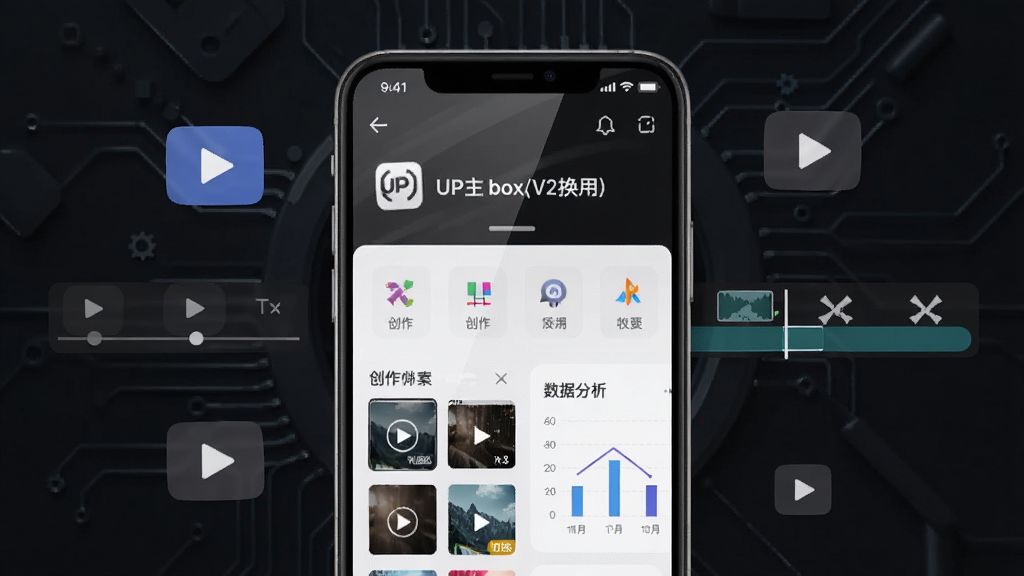 主体为一部智能手机,屏幕显示UP主box(V2换皮)应用主界面,界面布局包含视频素材库、创作工具图标和数据分析图表,背景为简约的深色科技风格,周围环绕着浮动的视频播放按钮和剪辑时间轴元素,排版居中突出应用界面,风格现代扁平化,细节上屏幕有轻微反光,画质高清,干净,无多余元素