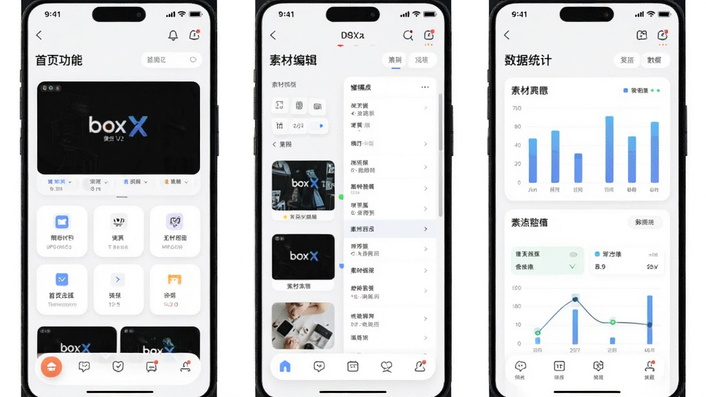 主体为UP主box(V2换皮)应用的多张界面截图拼接展示,布局为三屏并排,左侧展示首页功能区,中间展示素材编辑面板,右侧展示数据统计图表,排版整齐有序,风格清新简约,细节上每个界面都有圆角卡片和柔和阴影,画质高清,干净,无多余元素