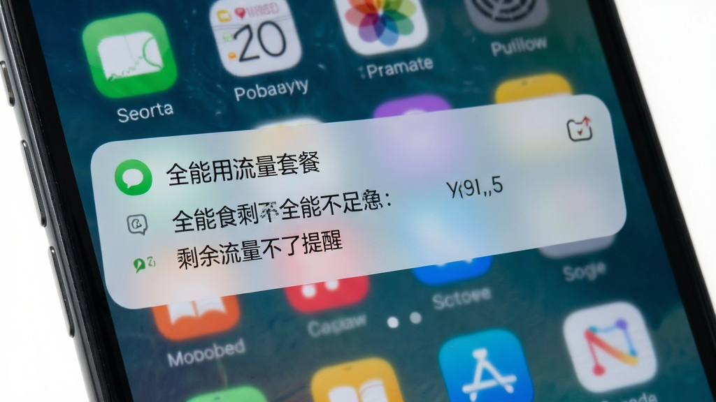 全能用流量套餐余量提醒界面示意图,手机弹出通知横幅显示剩余流量不足提醒,背景为手机桌面,通知内容包含全能用流量字样,画面风格写实,细节丰富,画质清晰干净