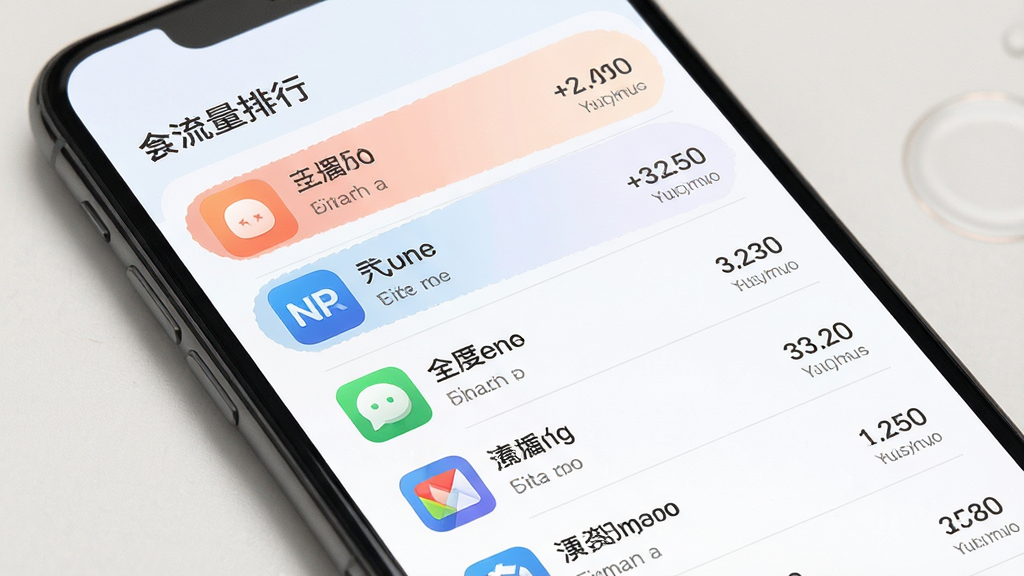 全能用流量应用流量排行页面,手机屏幕中展示列表形式的应用名称与流量数值,前三名有特殊标记,整体布局整齐,配色柔和,画质干净,无多余装饰元素