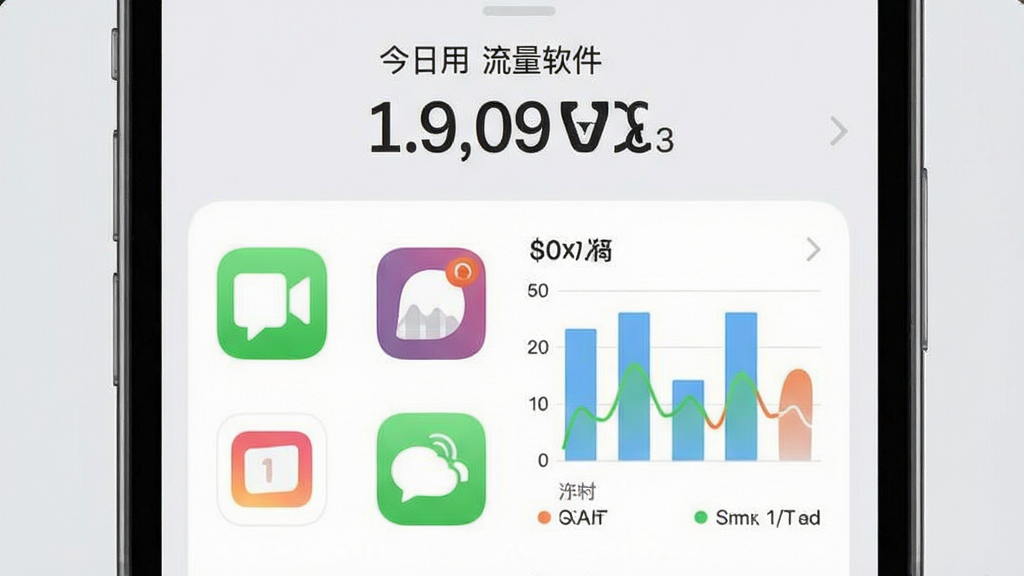 全能用流量软件实时监控功能展示图,手机屏幕中显示多个应用图标与对应的流量消耗柱状图,顶部有今日流量汇总数字,背景为浅灰色,画面风格清爽,文字标注清晰,画质干净无杂乱元素
