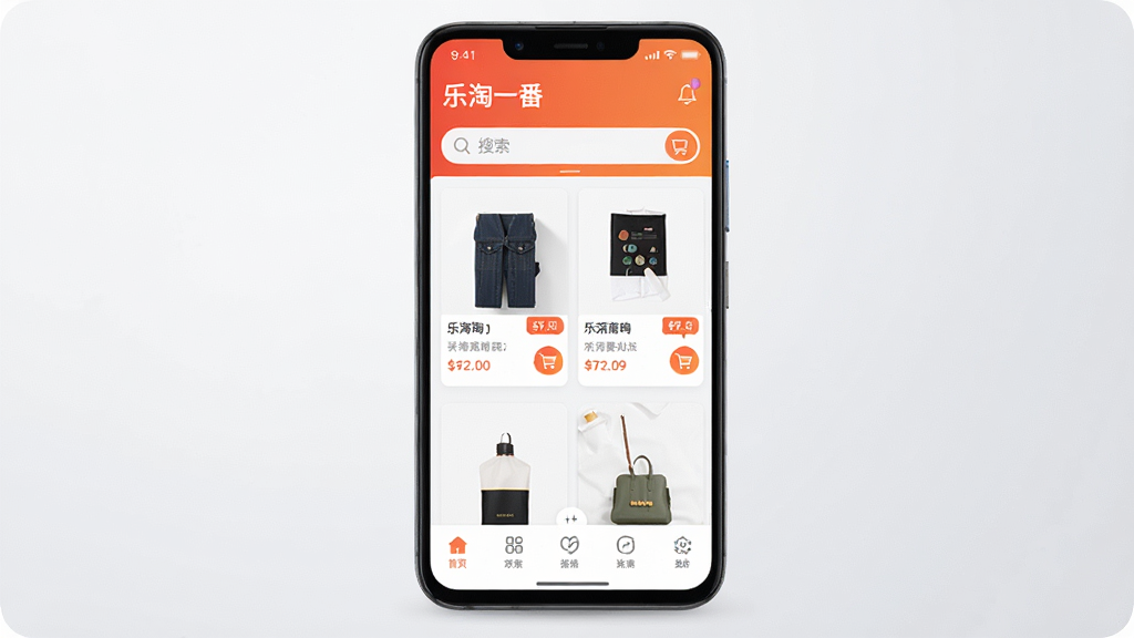 乐淘一番APP首页展示图,主体为一部安卓手机屏幕,屏幕内呈现乐淘一番应用主界面,包含商品卡片、搜索栏、底部导航栏;布局为手机居中放置,背景为浅灰色渐变;排版简洁,突出手机屏幕内容;风格为现代科技感UI展示;细节包含商品缩略图、价格标签、购物车图标;画质高清,干净,无多余元素