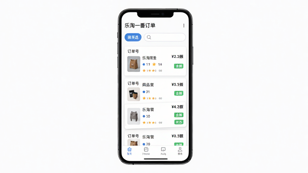乐淘一番订单管理页面展示图,主体为手机屏幕内展示订单列表,包含订单号、商品缩略图、金额、状态标签;布局为手机居中,背景为白色;排版为卡片式列表;风格为商务简洁风;细节包含筛选按钮、搜索框、底部导航;画质高清,干净,无多余元素