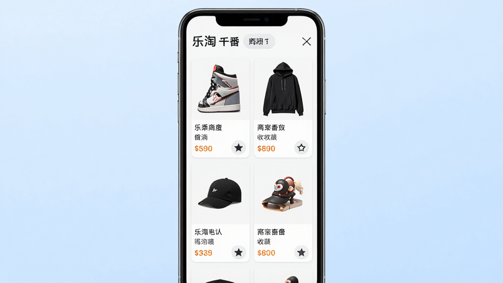 乐淘一番商品聚合页面展示图,主体为手机屏幕内展示多品类商品网格,包含球鞋、卫衣、帽子、手办等;布局为手机居中,背景为淡蓝色渐变;排版整齐,商品卡片等距排列;风格为清新电商风;细节包含商品图片、名称、价格、收藏按钮;画质高清,干净,无多余元素