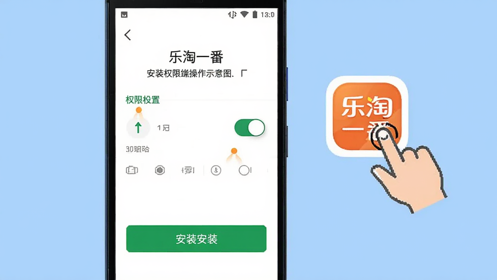 乐淘一番移动端操作示意图,主体为一部安卓手机,屏幕内展示安装权限设置界面和乐淘一番应用图标;布局为手机居中,旁边有手指点击示意图标;背景为浅蓝色;排版简洁;风格为教程图解风;细节包含权限开关、安装按钮、应用图标;画质高清,干净,无多余元素