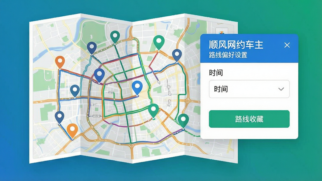 画面中央为一张城市地图,地图上标注多条彩色路线与定位图标,旁边悬浮“顺风网约车主”路线偏好设置面板,面板上有时间选择与路线收藏按钮,采用现代扁平化设计风格,蓝绿配色,细节清晰,画质干净,无多余元素