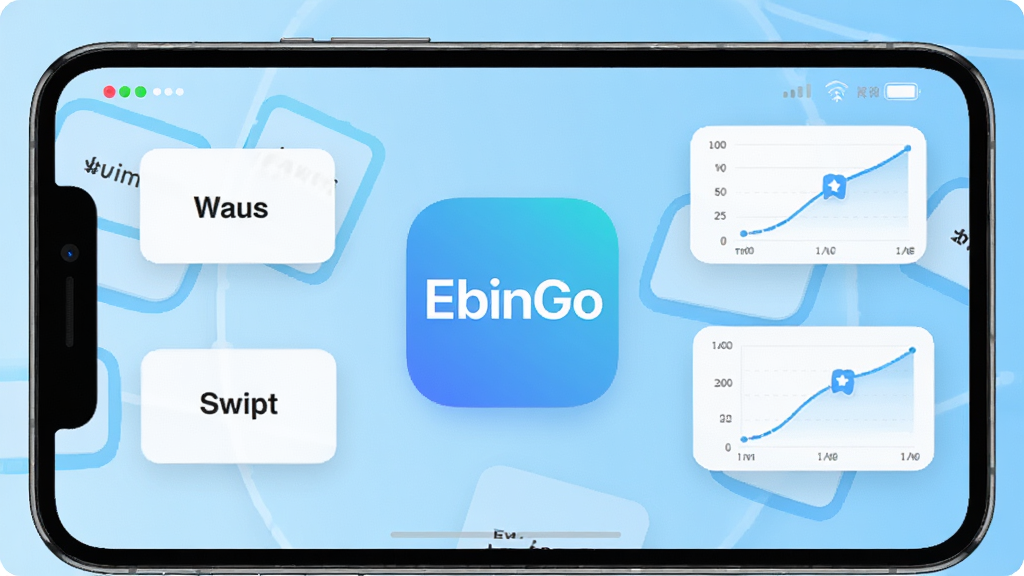 软件主界面展示,EbinGo应用图标位于画面中央,周围环绕单词卡片和记忆曲线图表,背景为清爽的浅蓝色渐变,界面简洁现代,手机屏幕中显示今日学习计划与复习进度,画质清晰,干净无多余元素