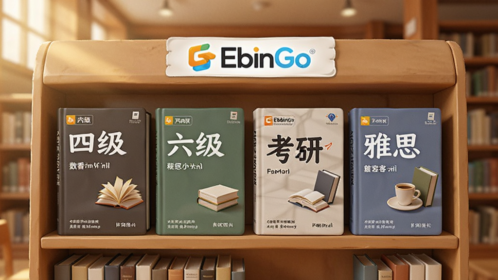 多本词书整齐排列在虚拟书架上,每本书封面标注四级、六级、考研、雅思等字样,EbinGo的Logo出现在书架顶部,背景为温暖的图书馆氛围,光线柔和,画面干净整洁