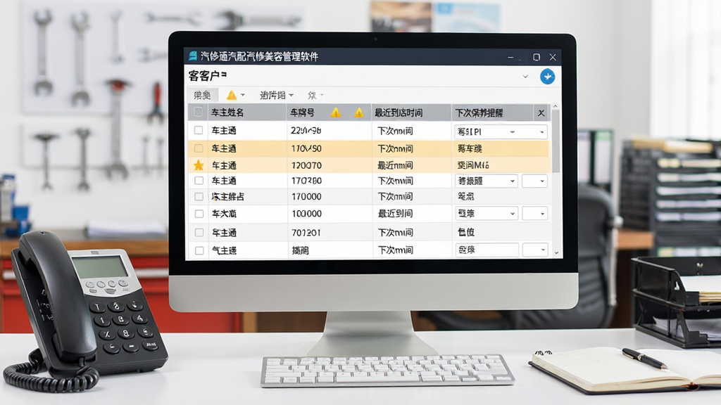一张展示汽修通汽配汽修美容管理软件客户档案与回访提醒界面的图片,画面中央是电脑屏幕,屏幕上显示汽修通汽配汽修美容管理软件的客户列表,包含车主姓名、车牌号、最近到店时间、下次保养提醒等字段。屏幕旁边有一部电话和一本记事本。整体布局为前台办公桌面场景,风格为写实商务风格,细节包括表格高亮行、提醒图标、电话按键纹理,画质清晰,干净,无多余元素。