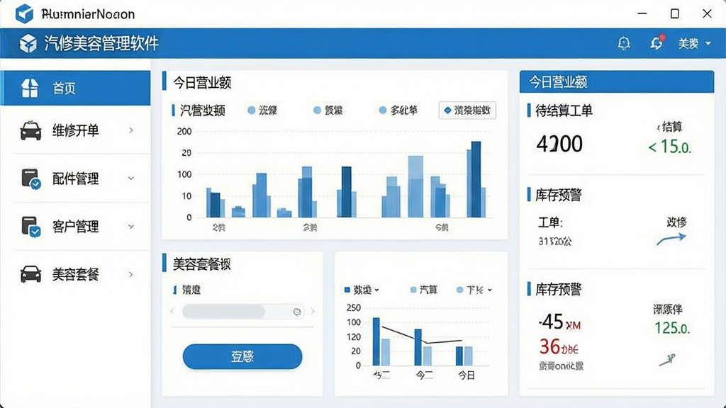 一张展示汽修通汽配汽修美容管理软件主界面的图片,画面中央是软件操作界面,左侧为功能菜单栏,包含维修开单、配件管理、客户管理、美容套餐等模块,右侧为数据看板区域,显示今日营业额、待结算工单、库存预警等信息。整体布局清晰,采用蓝白商务配色,界面风格简洁专业。画面风格为写实软件截图风格,细节包括菜单图标、数据图表、按钮控件,画质清晰,干净,无多余元素。