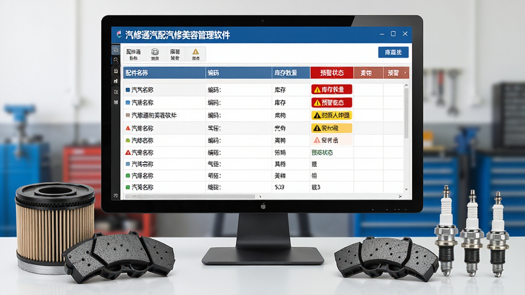 一张展示汽修通汽配汽修美容管理软件配件库存管理界面的图片,画面中央是电脑屏幕,屏幕上显示汽修通汽配汽修美容管理软件的库存列表,包含配件名称、编码、库存数量、预警状态等列。屏幕旁边摆放着若干汽车配件实物,如滤清器、刹车片、火花塞等。整体布局为桌面场景,风格为写实产品展示风格,细节包括表格线条、预警红色标记、配件实物纹理,画质清晰,干净,无多余元素。