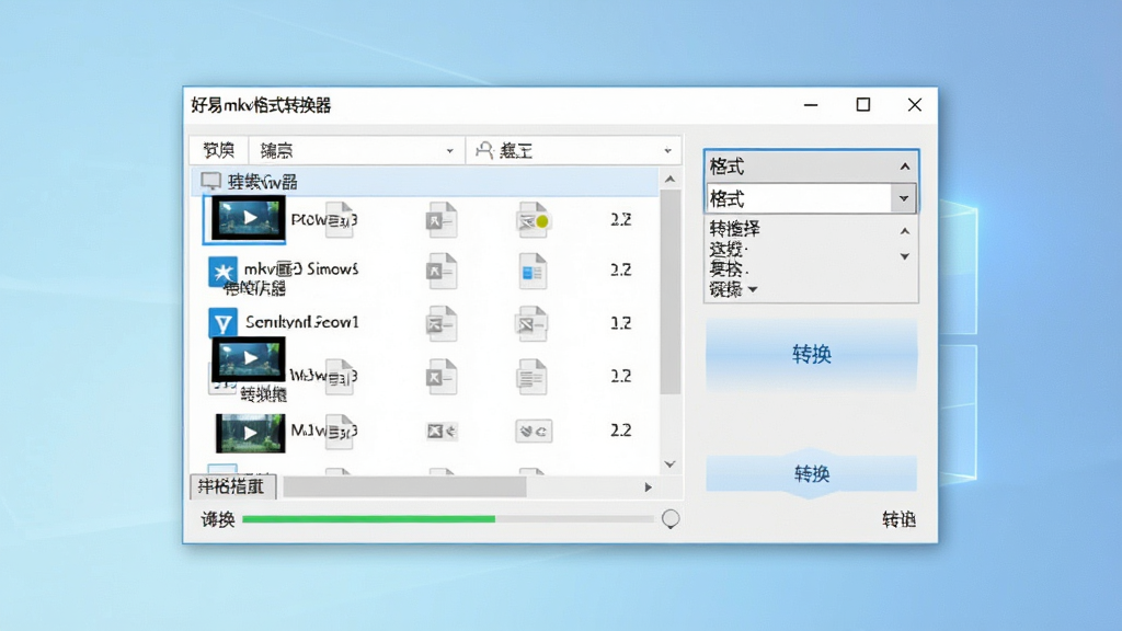 一款简洁现代的Windows软件界面,中央是“好易mkv格式转换器”主窗口,左侧显示视频文件列表,右侧有格式选择下拉菜单和转换按钮,背景是干净的浅蓝色渐变,界面风格清爽专业,细节包括进度条和文件图标,画质清晰,无多余元素