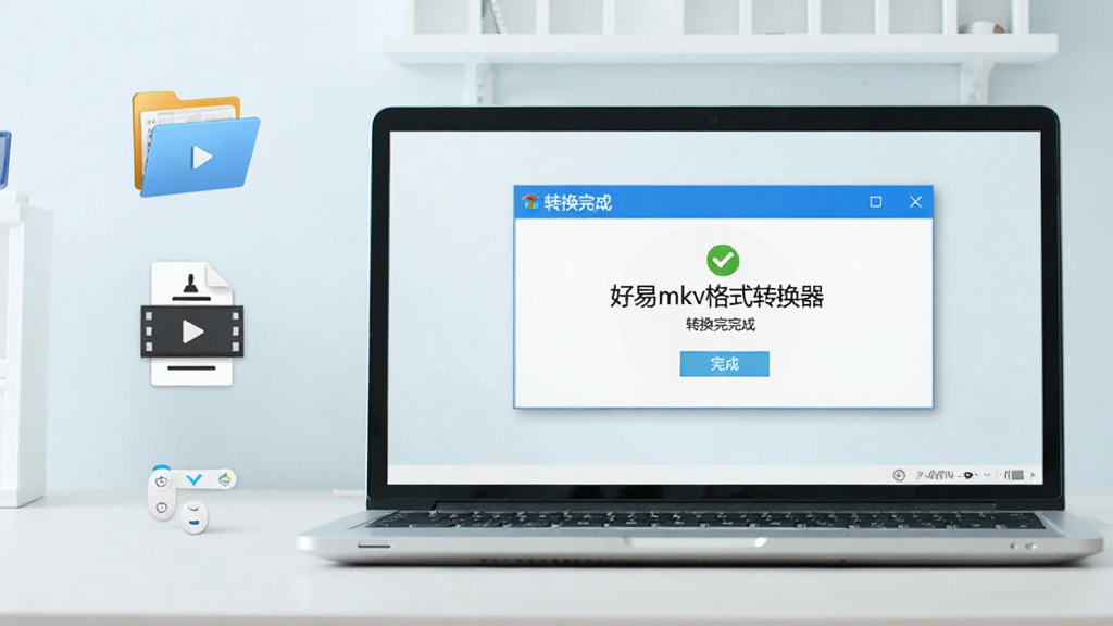 一台笔记本电脑屏幕上显示“好易mkv格式转换器”的转换完成提示窗口,旁边有文件夹和视频文件图标,桌面整洁,风格清新浅色,画质清晰,无多余元素