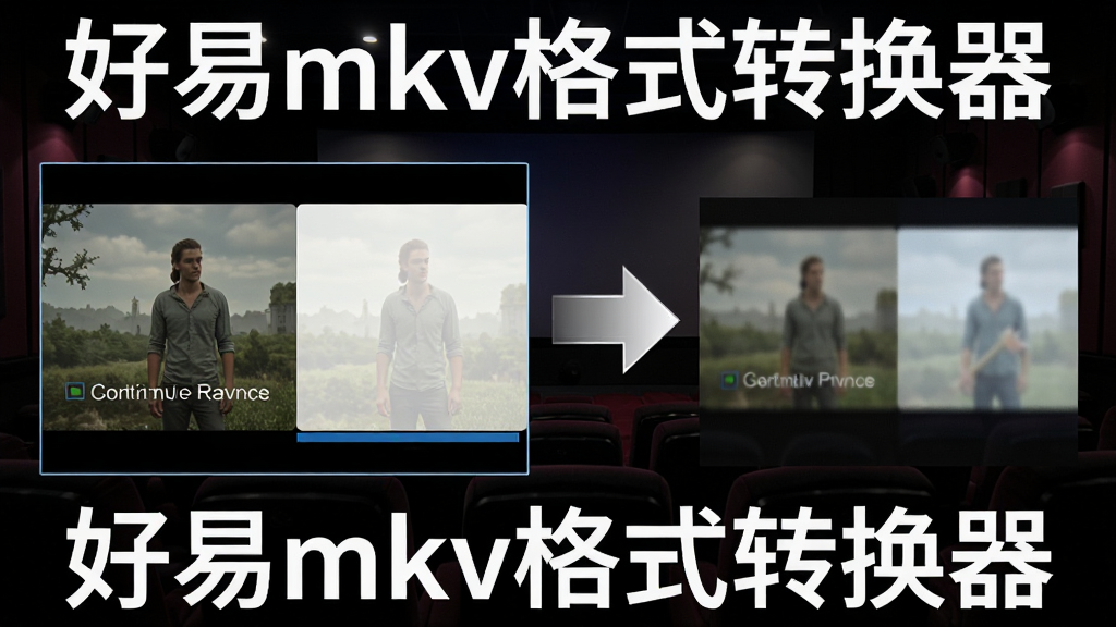 一个高清视频画面与转换箭头组合的示意图,画面中标注“好易mkv格式转换器”字样,背景是深色影院风格,细节包括清晰的画质对比,画质干净,无多余元素