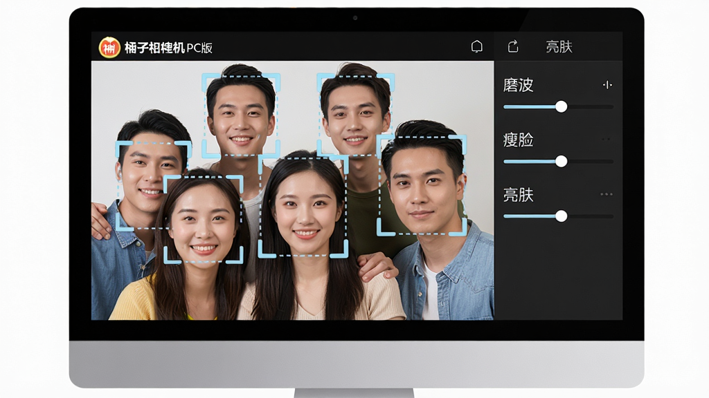 一张柚子相机 PC版人像美颜功能示意图,画面中央为电脑显示器,屏幕中显示一张多人合影照片,每个人物面部周围有识别框标记,右侧面板展示磨皮、瘦脸、亮肤等滑块参数,左上角有柚子相机 PC版标识,布局为左图右参数,风格为简洁专业,细节上识别框为淡蓝色虚线,画质高清,干净,无多余元素
