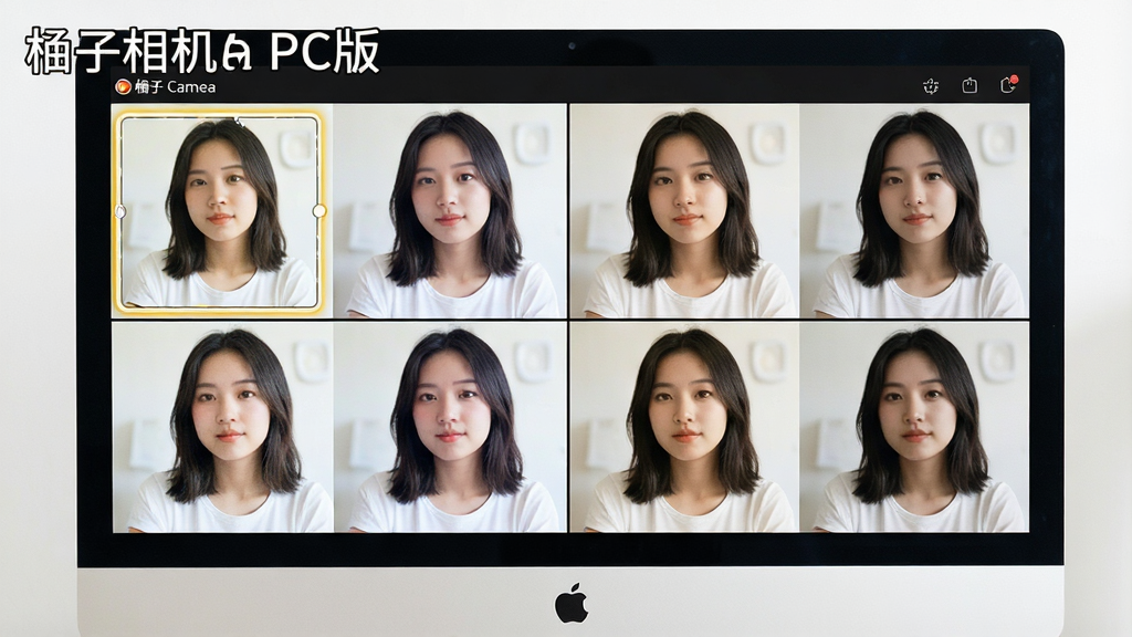 一张柚子相机 PC版滤镜功能展示图,画面主体为电脑屏幕上的柚子相机 PC版界面,屏幕中并排展示四张同一人物照片分别应用不同滤镜的效果,左上角标注柚子相机 PC版字样,布局为网格状四宫格,风格为清新明亮,细节上滤镜缩略图带有选中高亮边框,画质高清,干净,无多余元素