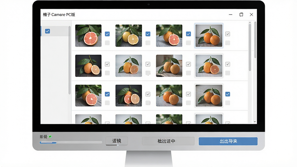 一张柚子相机 PC版批量处理功能界面图,画面为电脑屏幕显示批量导入的照片列表,每张照片缩略图旁有勾选框,底部有批量应用滤镜与批量导出按钮,左上角显示柚子相机 PC版,布局为纵向列表式,风格为商务简约,细节上进度条显示处理中,画质高清,干净,无多余元素