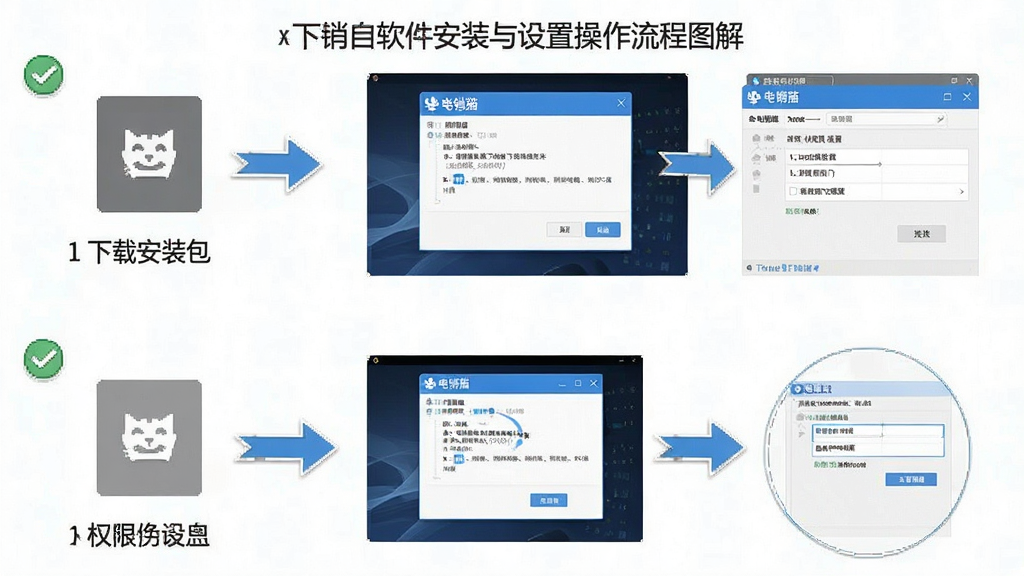 电销猫软件安装与设置操作流程图解,画面展示从下载安装包到完成初始设置的完整步骤,包含电脑屏幕、安装向导窗口、权限设置界面等元素,界面中带有“电销猫”文字标识,布局为上下分步排列,风格为清晰的教程图解风,细节包括箭头指引、步骤编号、勾选标记,画质高清,画面干净整洁,无多余元素
