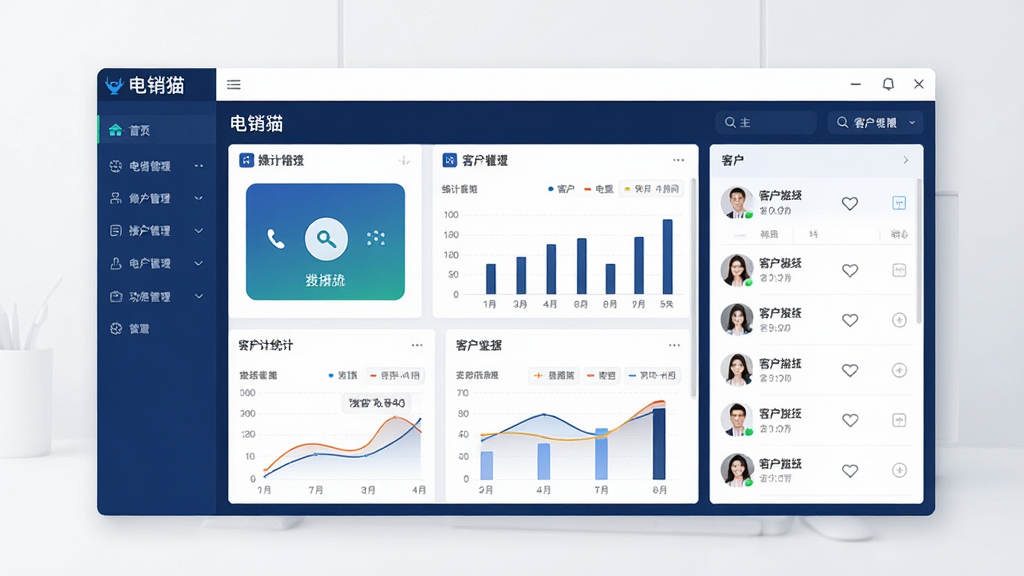 软件主界面全景展示,画面中央是电销猫软件的完整操作界面,左侧为功能导航栏,右侧为数据看板与客户列表,界面采用深蓝与白色配色方案,布局简洁清晰,顶部显示软件名称“电销猫”,整体风格为现代商务科技风,细节包括拨号按钮、统计图表、客户头像等元素,画质高清,界面干净整洁,无多余杂乱元素