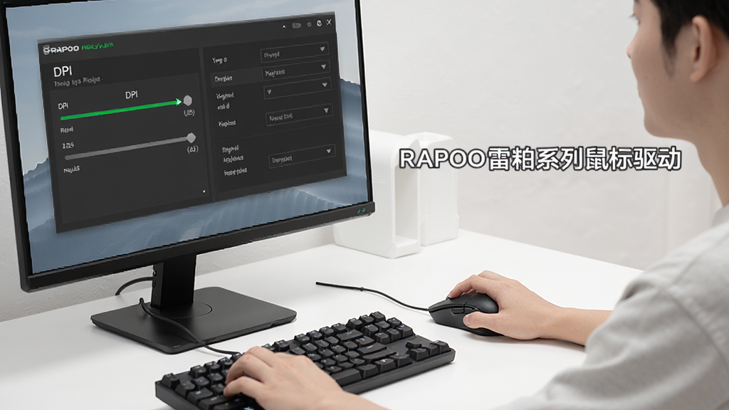 一张展示用户在电脑前使用RAPOO雷柏系列鼠标驱动的操作场景图,画面中用户右手握着雷柏鼠标,左手在键盘上操作,显示器屏幕上显示驱动软件的DPI调节界面和按键设置面板,桌面整洁,光线柔和,画面标注