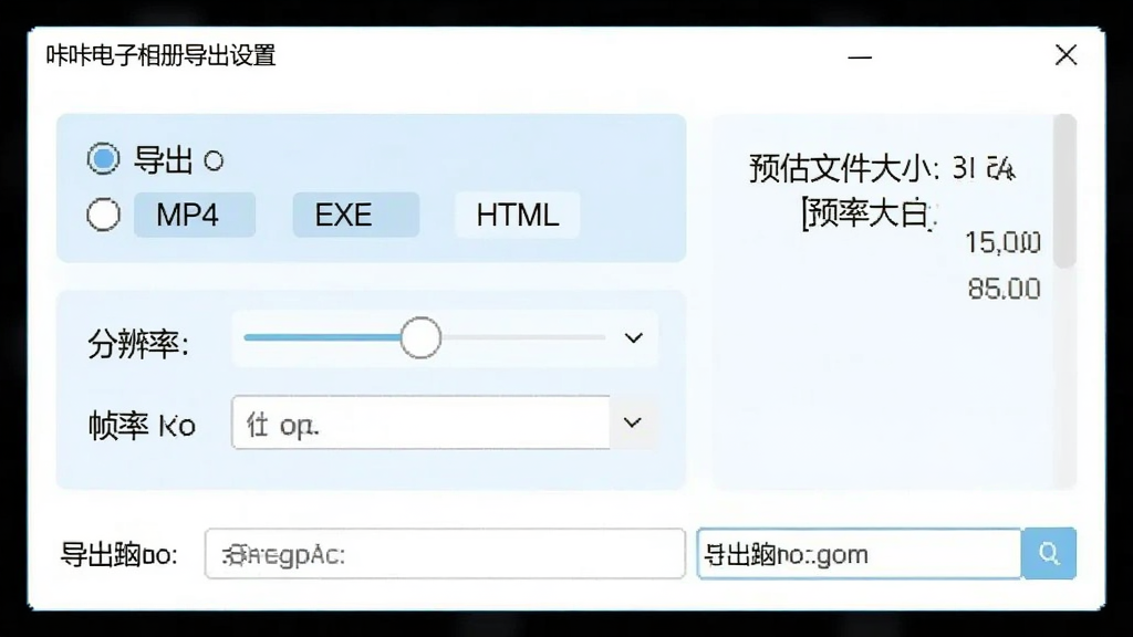 ���ǵ�����ᵼ�����ô��ڣ���������ʾ������ʽѡ�����MP4��EXE��HTML���·��зֱ�����֡�������˵����Ҳ���Ԥ���ļ���С��ʾ���������࣬��ɫΪ��ɫ��ǳ��ɫ��ϸ�ڰ�����ѡ��ť�������뵼��·��ѡ��򣬻����������ɾ��޶���Ԫ��