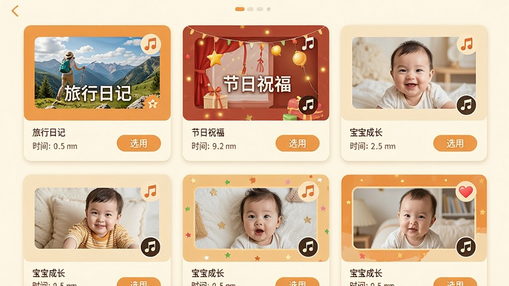 ���ǵ������ģ��ѡ����棬����չʾ������ģ������ͼ�������������ռǡ�������ף�����������ɳ��������⣬ÿ��ģ�����Ԥ��С��������ͼ�꣬������ÿ�Ƭʽ���֣���ɫΪů��ɫ���װ�ɫ��ϸ�ڰ���ģ�����ơ�ʱ����ע��ѡ�ð�ť�������������ɾ��޶���Ԫ��