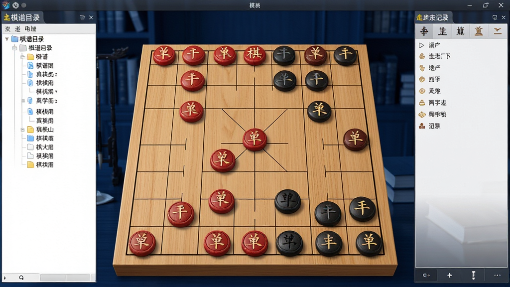 软件主界面全景展示,中央为木质纹理的象棋棋盘,红黑棋子整齐排列,左侧是棋谱目录树,右侧是走子记录面板,背景为深蓝色调的书房环境,布局清晰,排版规整,风格写实细腻,细节包括棋子上的汉字纹理和棋盘格线,画质高清,干净,无多余元素