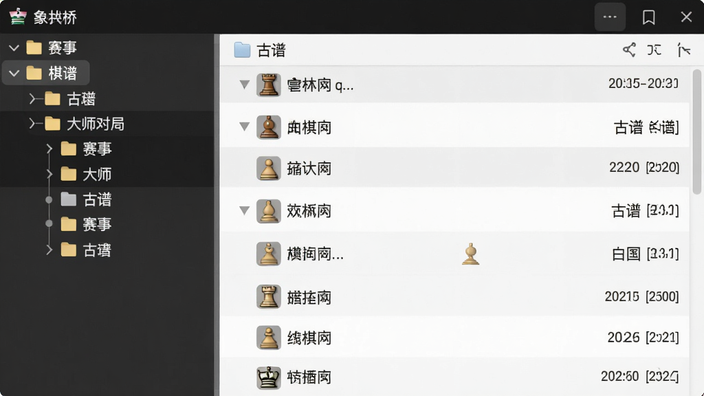 象棋桥软件中棋谱管理界面特写,左侧为树状分类目录,包含古谱、赛事、大师对局等文件夹,右侧为棋谱列表,显示对局名称和日期,界面清爽,布局对称,风格现代简约,细节清晰,画质高清,干净,无多余元素