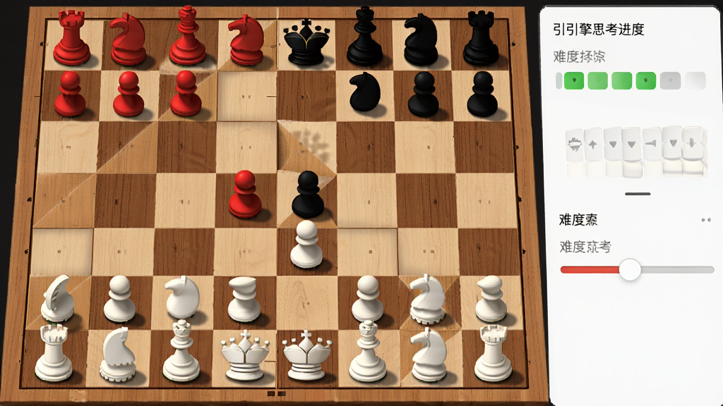 象棋桥人机对弈界面,棋盘上红黑双方棋子对峙,右侧显示引擎思考进度和难度选择滑块,界面干净利落,风格简洁明快,细节包括棋子阴影和棋盘木纹,画质高清,干净,无多余元素