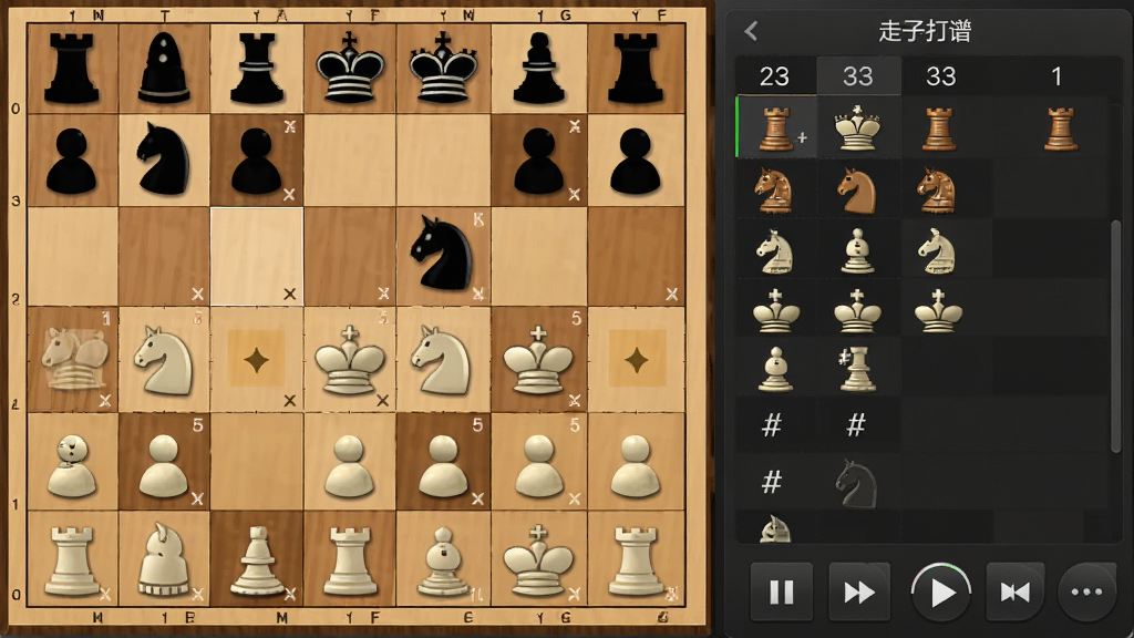 象棋桥打谱界面,棋盘上棋子正在移动,右侧走子记录面板显示多步着法,底部有播放控制按钮,界面布局紧凑,风格专业沉稳,细节包括棋盘上的高亮标记,画质高清,干净,无多余元素