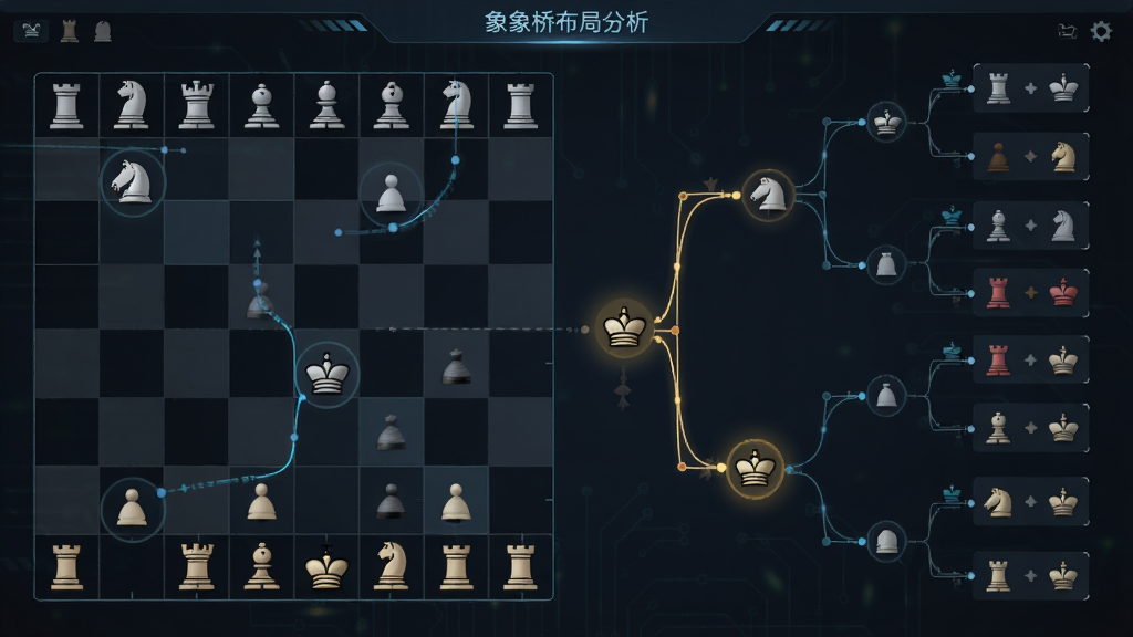 象棋桥布局分析界面,棋盘两侧显示分支变化树,不同走法以节点形式展开,界面采用深色主题,风格科技感与专业感结合,细节包括节点连线和高亮当前分支,画质高清,干净,无多余元素