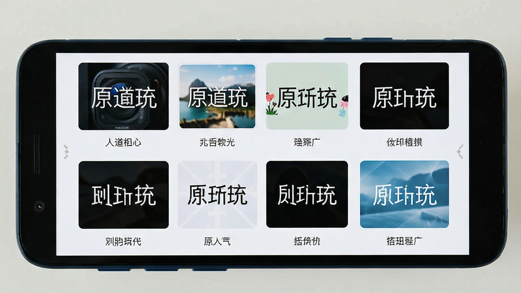 一张展示原道水印相机多种水印模板选择界面的图片,画面主体为一部安卓手机,屏幕上以网格形式排列着四到六个不同样式的水印模板缩略图,每个缩略图下方标注模板名称,布局采用居中手机展示、模板网格排列的方式,风格为清新扁平化UI展示风,细节上模板缩略图内容各异、界面整洁,画质高清、干净、无多余元素