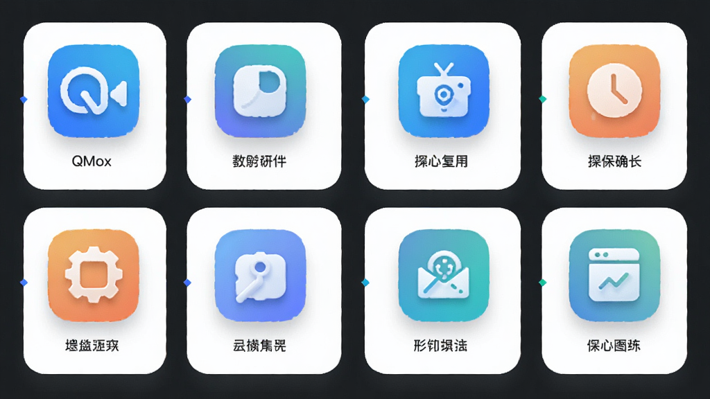 主体为QMox应用的功能图标集合与操作流程图,布局为横向排列图标配合下方简短文字说明,排版采用卡片式网格布局,风格为简约清新浅色系,细节包括图标圆角处理与柔和阴影,画质高清干净无多余元素