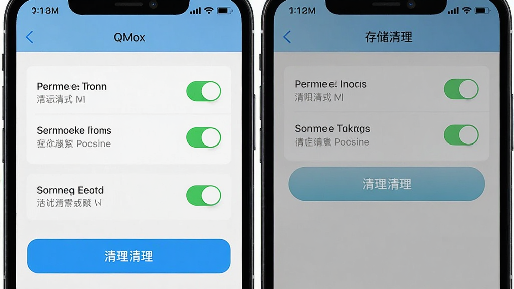 主体为手机屏幕显示QMox应用权限设置界面与存储清理界面,布局为左右分屏对比展示,排版采用上下结构突出操作步骤,风格为简洁明快教程风格,细节包括界面中的权限开关与清理按钮清晰可见,画质高清干净无多余元素
