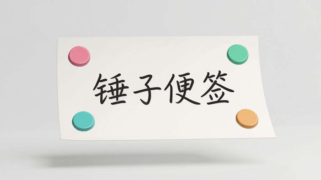 一张横向展开的便签纸悬浮在浅灰色背景上方,纸张边缘有细微阴影,纸面上用优雅的中文字体写着“锤子便签”四个大字,周围环绕着几枚彩色圆形标签图标,整体构图居中,风格极简现代,光线柔和,画质干净,无多余元素