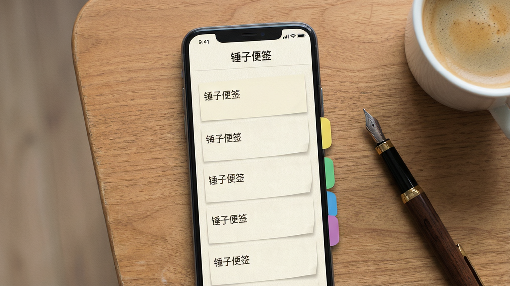 画面中央放置一部智能手机,手机屏幕显示“锤子便签”应用界面,界面采用米白色纸张纹理背景,顶部有“锤子便签”文字标识,中间是排列整齐的便签条目,右侧有彩色标签分类,背景为木质桌面,桌面上散落一支钢笔和一杯咖啡,整体风格简约清新,细节清晰,画质干净,无多余元素