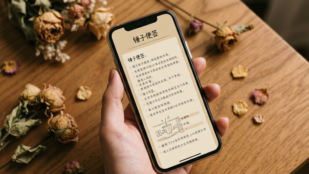 一只手拿着手机,手机屏幕上展示着一篇排版精美的长图便签,长图背景为淡雅的米黄色,文字排列整齐,图片顶部有“锤子便签”字样,手机下方是木质桌面,旁边散落几片干花,画面风格温暖文艺,细节丰富,画质清晰,无多余元素