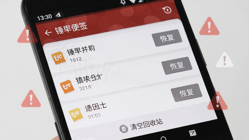 一部安卓手机屏幕显示“锤子便签”的回收站界面,列表中显示几条已删除的便签,每条右侧有“恢复”按钮,界面底部有“清空回收站”文字提示,手机周围有淡淡的警告图标装饰,背景为浅灰色,风格简洁明了,画质清晰,无多余元素