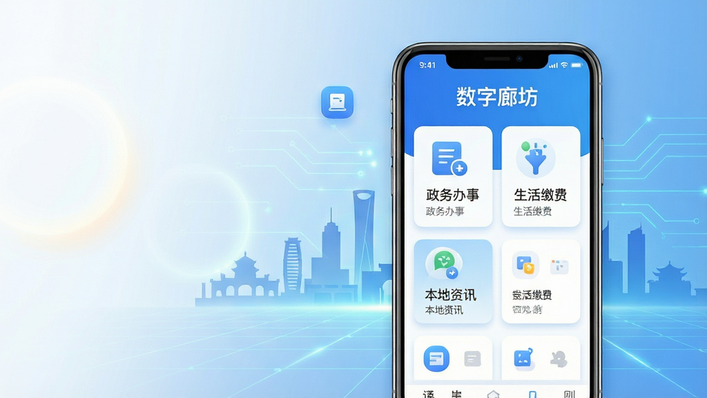 画面主体为一部竖向摆放的智能手机,屏幕中展示城市服务类应用首页界面,顶部有“数字廊坊”文字标题,页面包含政务办事、生活缴费、本地资讯等卡片式功能入口;背景为廊坊城市剪影与淡蓝色科技线条;整体布局居中,手机位于画面中央偏右,左侧留白放置柔和光晕;风格为现代扁平化科技风,配色以蓝白为主;细节包括圆角图标、清晰文字层级、轻微阴影;画质高清,干净,无多余元素