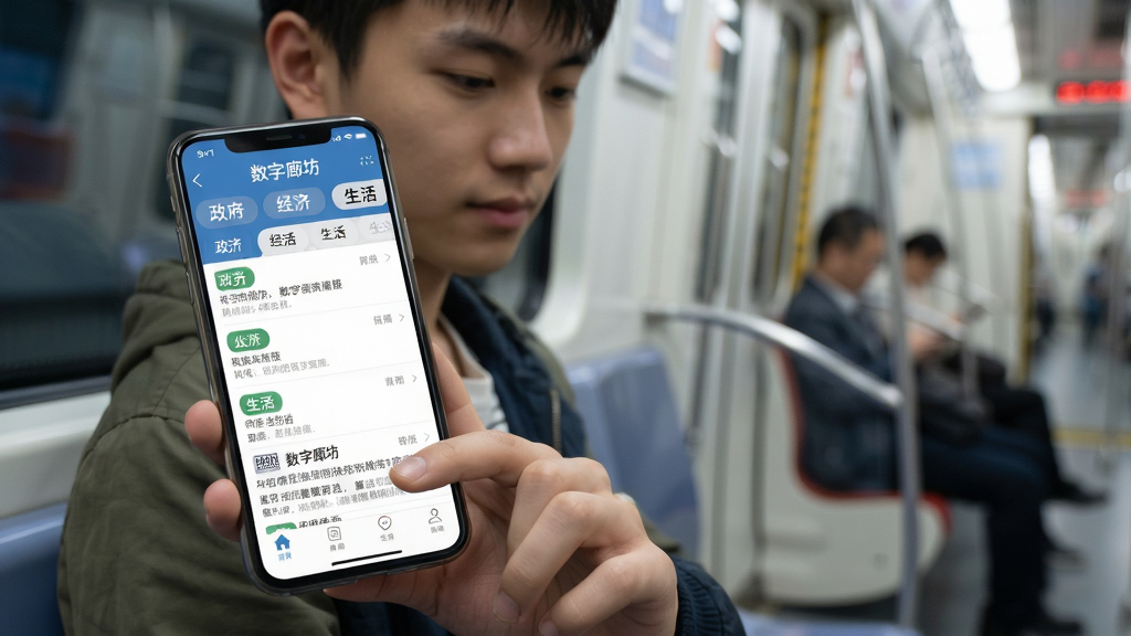 画面主体为一名年轻用户坐在地铁车厢内手持手机浏览新闻列表,手机屏幕中显示“数字廊坊”应用资讯页面,列表包含政务、经济、生活分类标签;布局为用户位于画面左侧三分之二处,右侧为虚化的车厢环境;风格为写实生活摄影与UI界面结合;细节包括手机屏幕清晰可读、界面元素规整、人物姿态自然;画质高清,干净,无多余元素