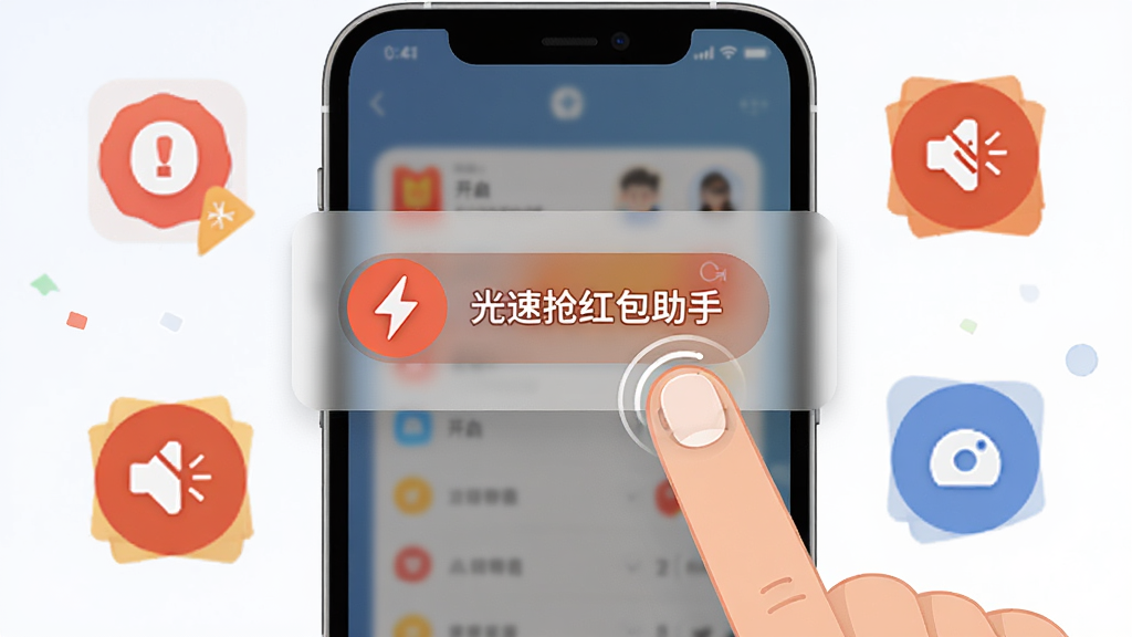 一张展示光速抢红包助手一键快捷操作功能的AI生图,画面中一部手机屏幕上有悬浮窗按钮,按钮上显示